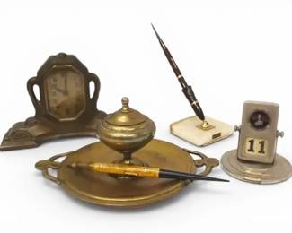 Art Nouveau Desk Clock, Brass Inkwell, Perpetual Flip Calendar,  More