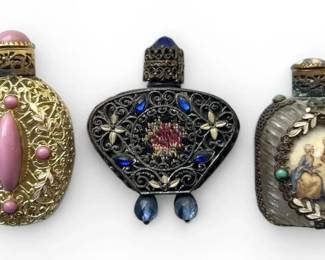 Three Vintage Czech Jeweled Filigree Perfume Bottles