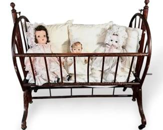 Victorian Wood Rocking Cradle With 3 Dolls  Pillows