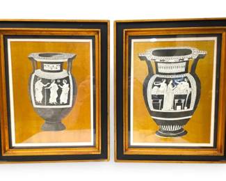 2 Original Old Engraving Prints Etruscan Vases In Black  Gold Frames