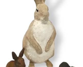 Signed Paper Mache Bunny, Cast Iron Bunny Doorstop,  Bank