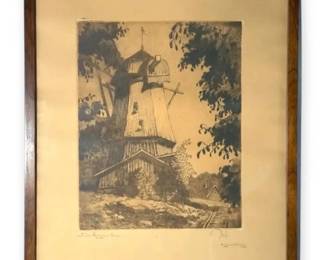 Framed Etching Signed By Gaston Smidt Prins Eugens Kvarn 19 H x 16 W
