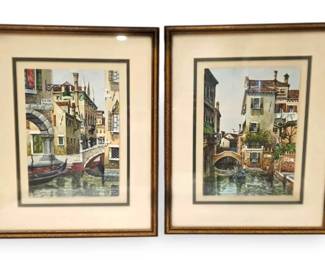 Two Venice Canal Watercolor Paintings Framed  Signed