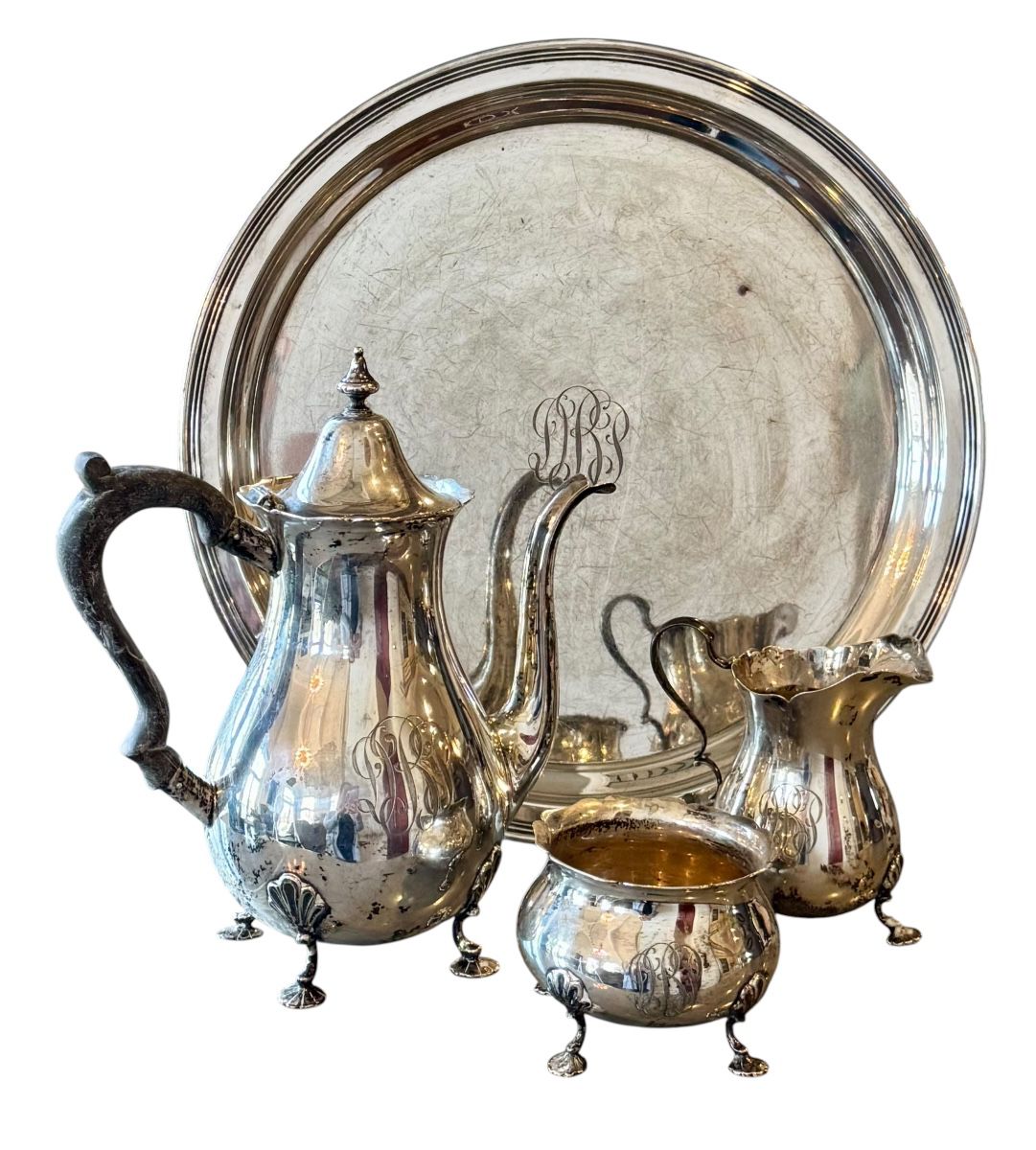 Vintage Sterling Silver Tea Service with Tray - Monogrammed, 12-inch Tray