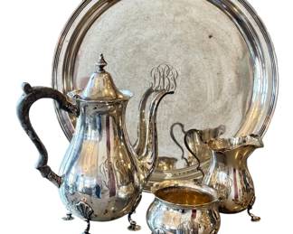 Vintage Sterling Silver Tea Service with Tray - Monogrammed, 12-inch Tray