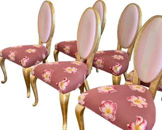 Chairs - Set of 6 Pink Custom Floral Upholstered Dining Chairs with Gold Legs