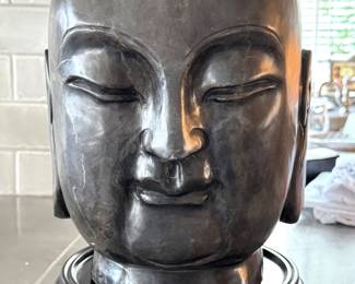 Stone Buddha Head Sculpture - Kannon Bodhisattva on Wooden Base. Dimensions: 13.25 in H x 9.75 in D x 10.75 in W.