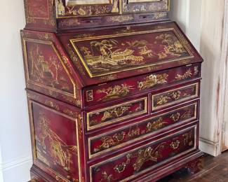 Vintage Maitland Smith Chinoiserie Red Lacquer Secretary Cabinet with Hand-Painted Gold Scenes