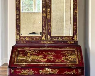 Vintage Maitland Smith Chinoiserie Red Lacquer Secretary Cabinet with Hand-Painted Gold Scenes