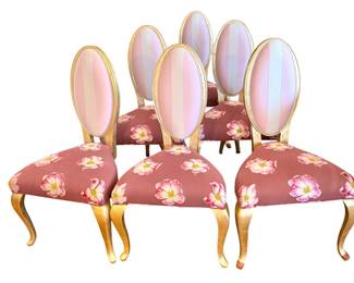 Chairs - Set of 6 Pink Custom Floral Upholstered Dining Chairs with Gold Legs