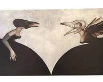 The Truth Original Oil Painting by Kelli Hoppmann  The Truth, a 2015 painting by Kelli Hoppmann, measures 24 x 48 inches. The surreal composition features a bird-headed figure on the left confronting a winged skeletal figure on the right, set against a pale sky and curving dark hills. The work is rendered with smooth shading and bold contrasts, creating a striking visual dialogue between the two figures. Signed with the artist's name and date, this piece presents a provocative exploration of perception and truth in a contemporary context. This painting is unframed and ready for display in a modern setting. Title: The Truth