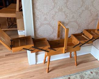 vintage-style wooden cantilever sewing box with tiered storage compartments
