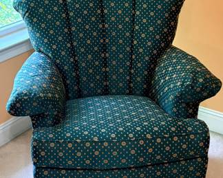 vintage Ethan Allen traditional classics armchair with a dark green floral pattern and a skirted base