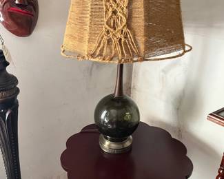 MCM green glass / teak lamp with handmade lamp shade