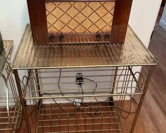 MCM brass record holder and shelf on wheels