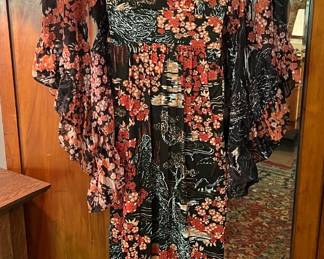 1970s polyester boho maxie dress w/ angel wing sleeves