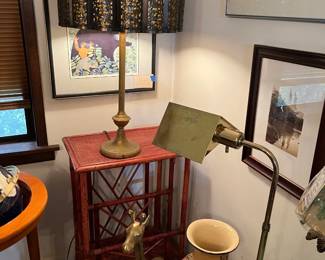 Bamboo table, lamp with MCM metal shade