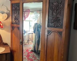 Walnut wardrobe with drawer. Top cornice comes off, otherwise one piece