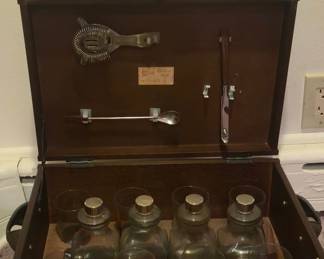 Vintage Wooden Barware Chest with Four Decanters and Bar Tools
