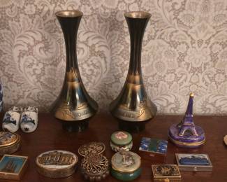 Assorted Decorative Collectibles including Delft-style Vase, Enameled Boxes, and Decorative Plates