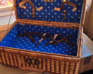 Vintage Grey Goose Vodka Wicker Picnic Basket with Blue Interior