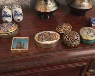 Assorted Decorative Collectibles including Delft-style Vase, Enameled Boxes, and Decorative Plates