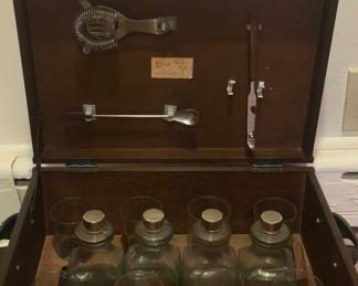 Vintage Wooden Barware Chest with Four Decanters and Bar Tools