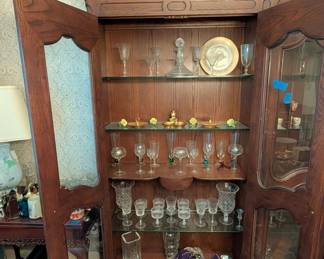 Antique Oak China Cabinet with Glassware Collection