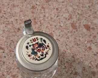 Vintage German Glass Beer Stein with Pewter Lid and Enameled Scene