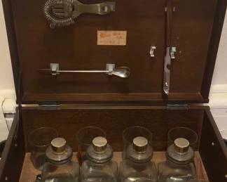 Vintage Wooden Barware Chest with Four Decanters and Bar Tools