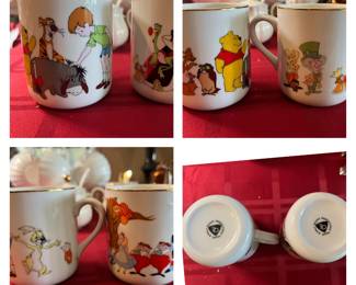 Winnie the Pooh and Alice in Wonderland porcelain coffee mugs from Disney. 1960s.
