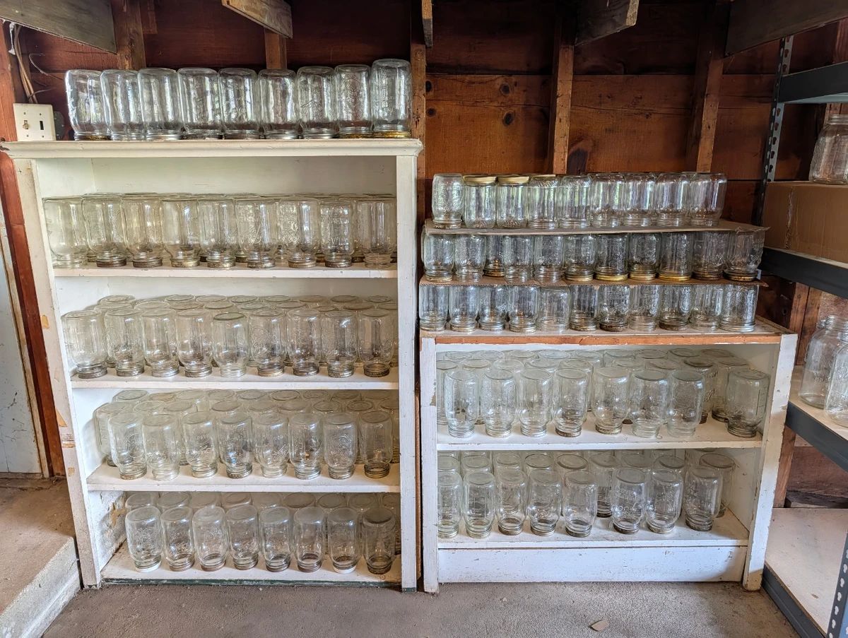 Mason jars of all sizes but mostly pints and quarts