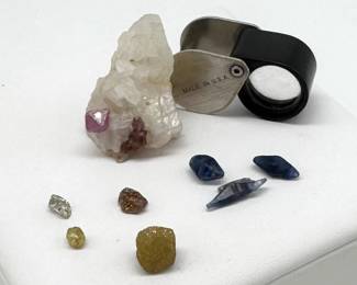 Natural diamonds, ruby in calcite, sapphires