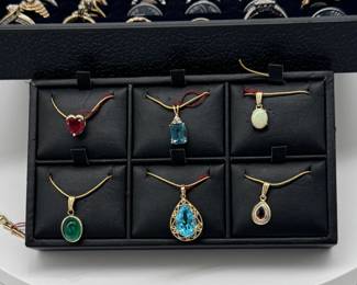 New stock gold and gemstone jewelry - rings and pendant necklaces - opals, emeralds, topaz, garnet, diamond and more