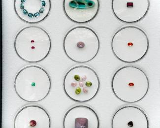 Blue Topaz 7x5 Oval Gemstones, Chrysocolla & Malachite in quartz stone, 1.20 ct Rhodolite Garnet gemstone, pair of loose ruby gemstones .38 Ct, Holley Lavender Chalcedony gemstone, 0.61 ct  Mandarine garnet gemstone, 0.29 ct Emerald loose gemstone, California Tourmaline gemstones set, 0.65 ct Mandarin Garnet gemstone, 2.75ct Star Ruby fracture filled, 12.34ct Holley Lavender Chalcedony