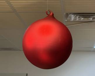 View of one of the vintage huge Department 56 Hand Blown RED MERCURY Glass Ball Ornaments new in box, ornaments approximately 8-1/2 inches tall