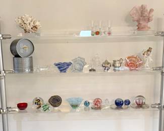 Glass Eye Studio handblown art glass ornaments, perfume bottles, paperweights, bowls, liqueur glasses; porcelain figurines, natural coral on display stands 