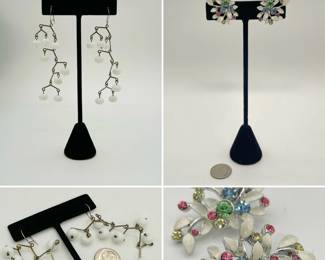 Pair of vintage milk white glass beaded gold tone dangle earrings in branched design reminiscent of chandeliers or berry branches, and a pair of vintage BSK flowering leafy branch earrings in white enameled metal with pink, green blue and pale gold rhinestones