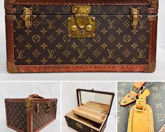 Louis Vuitton Monogram Boite Bouteilles et Glace Beauty Train Case, authenticated by Entrupy. Crafted of monogram coated canvas with brown calfskin trim. with brass hardware including corner plates, a press lock, and latches. The top unlocks to a beige leather interior with a full mirror set in the lid and belts for bottles