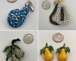 Vintage blue rhinestone pear fruit pin brooch, a black and white beaded pear shaped brooch, and enameled metal and rhinestone pear fruit brooch, and a pair of vintage yellow pear-shaped fruit and leaf pins