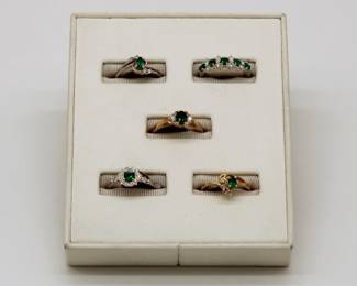 Emerald and diamond gold rings, generally sizes 6-1/2 to 7