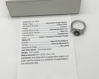 A 3.37 carat Alexandrite, white gold, and diamond ring; Alexandrite with GIA report