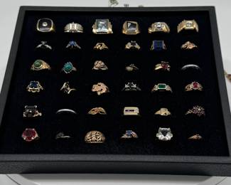 A variety of men's and women's rings, gold, sterling silver, precious and semi-precious stones