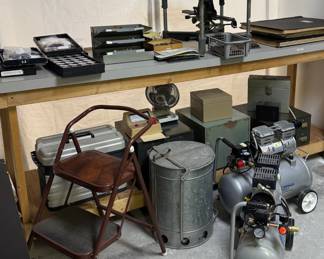 5-gallon and 8-gallon air compressors from California Air Tools, 1940s vintage industrial Safe Guard Ex Cell Oily Rag Waste Can, steel storage boxes and drawers, Hermes Industrial Engravograph engraving machine model GTX Super, workbench