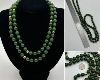 Classic deep dark green jade bead necklace with gold spacer beads