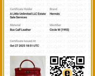 Certificate of Authenticity from Entrupy for the vintage Hermès Kelly bag crafted from smooth rouge box calf leather with gold-tone hardware; authenticated by Entrupy.
