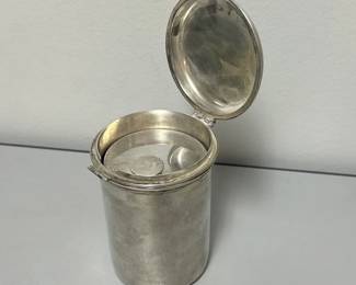 Another view of the antique sterling silver Howard & Co New York travel cocktail shaker & sterling silver case