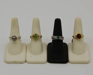 14k gold Tahitian pearl ring (cultured), 14k gold peridot and diamond ring, 14k gold emerald and diamond ring, 14k gold and fire citrine ring