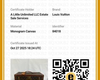 Certificate of Authenticity from Entrupy for the Louis Vuitton Monogram Boite Bouteilles et Glace Beauty Train Case, authenticated by Entrupy. Crafted of monogram coated canvas with brown calfskin trim. with brass hardware including corner plates, a press lock, and latches. The top unlocks to a beige leather interior with a full mirror set in the lid and belts for bottles