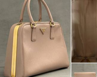 Prada Saffiano Lux Pyramid Frame bag in a neutral beige tone with distinctive gold-toned hardware; authenticated by Entrupy.